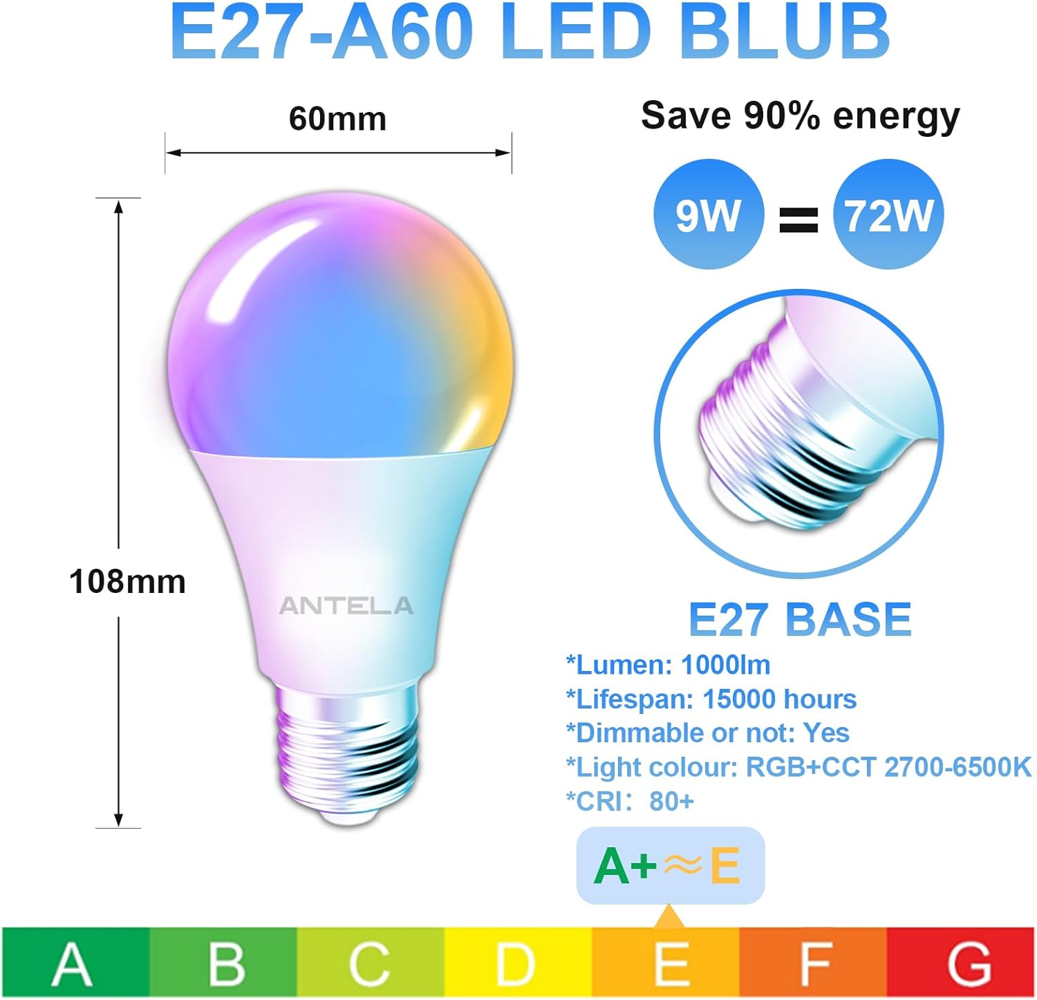 Умна LED крушка ANTELA RGB E27 9W за Google и Alexa - Image 2