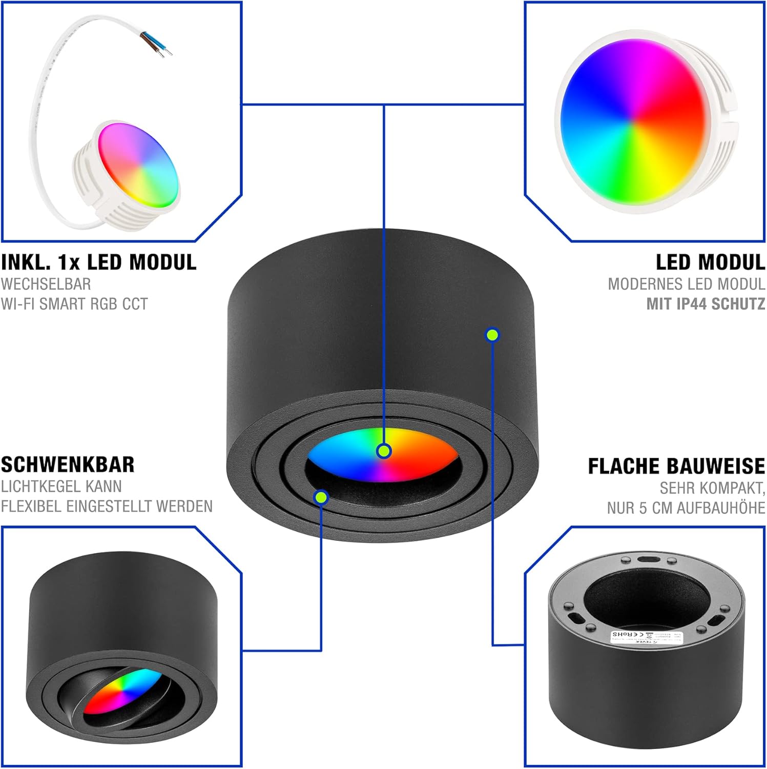 TEVEA LED Smart Surface Spotlight RGBW, 5W, Dimmable - Image 7